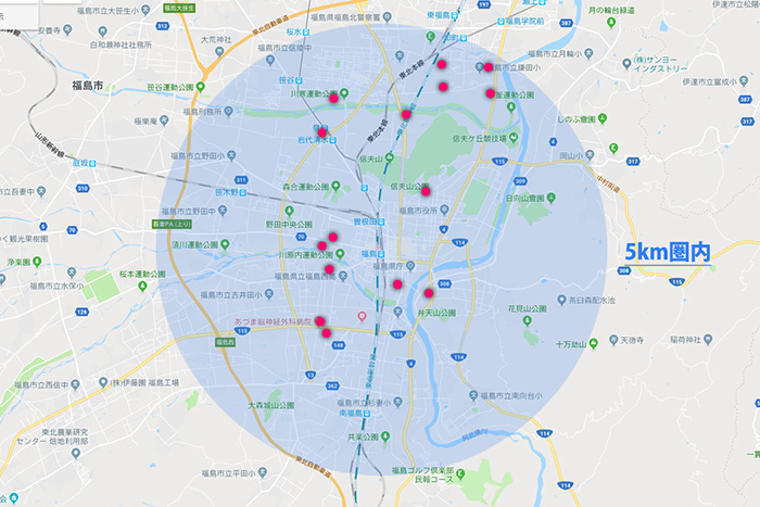 福島市内のトランクルームの分布図